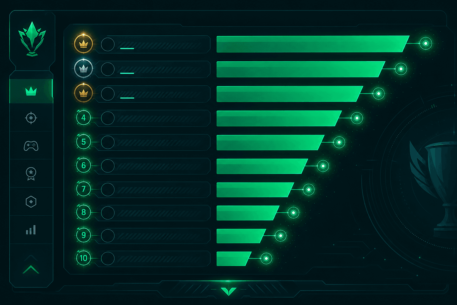 Abstract green leaderboard ranks rising on a dark teal arena