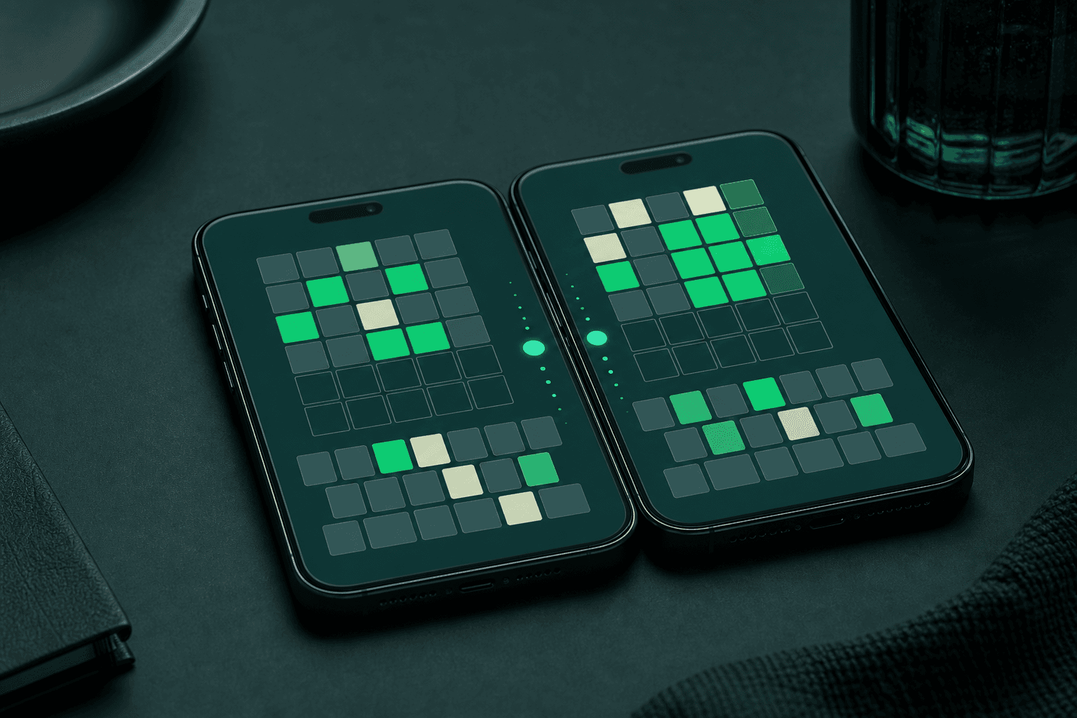 Two phones showing matching word-puzzle boards side by side
